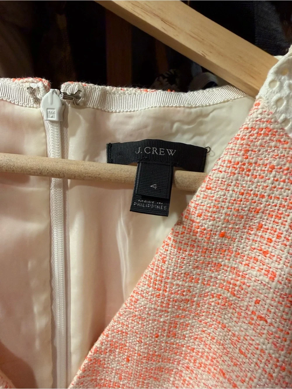 J. Crew Coral Pink Tweed V-Neck Sheath Dress with White Eyelet Trim